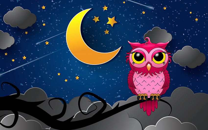 Owl, night, blue, pasare, pink, moon, fantasy, yellow, bufnita, luna, luminos, cloud HD wallpaper