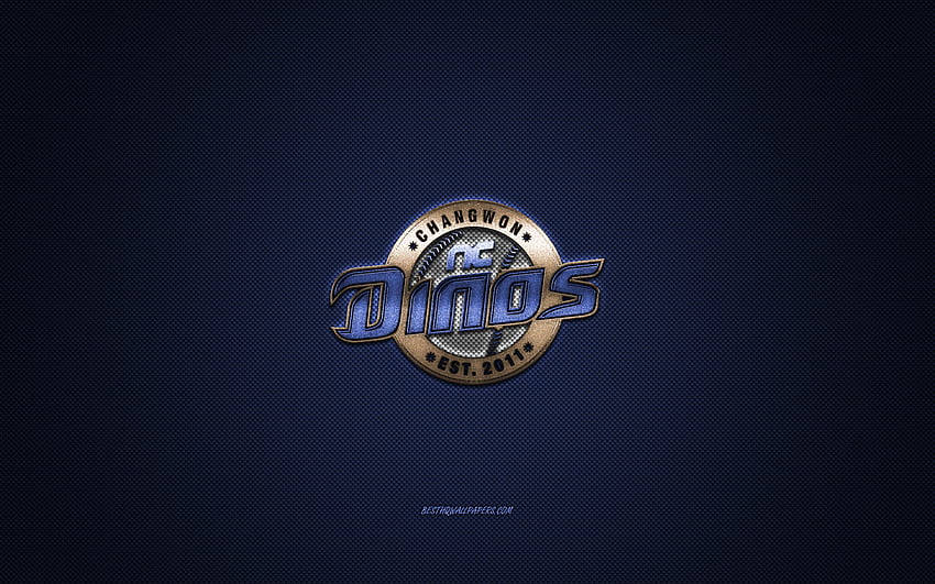 NC Dinos, южнокорейски бейзболен клуб, KBO лига, синьо лого, син фон от въглеродни влакна, бейзбол, Changwon, Южна Корея, лого на NC Dinos HD тапет