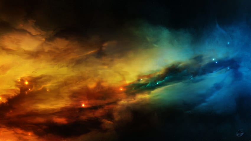 blue, outer space, stars, yellow, nebulae, space art, Yellow Galaxy HD wallpaper