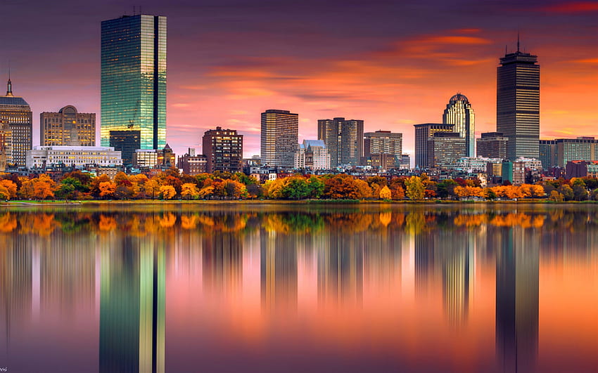 Boston, akşam, sonbahar, gün batımı, Boston şehir manzarası, Boston silüeti, panorama, gökdelenler, ABD için çözünürlükle . Yüksek Kalite, Sonbahar Gün Batımı Panoramik HD duvar kağıdı