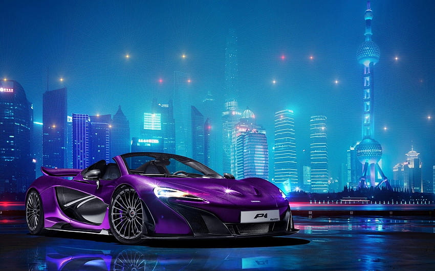 Mobil ungu McLaren di kota pada malam hari luar biasa. Wallpaper HD