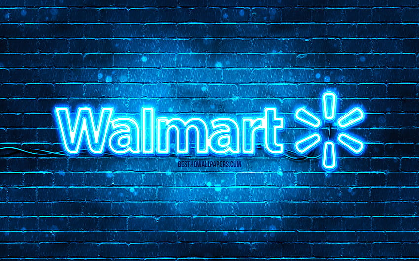 Walmart blue logo, , blue brickwall, Walmart logo, brands, Walmart neon logo, Walmart HD wallpaper