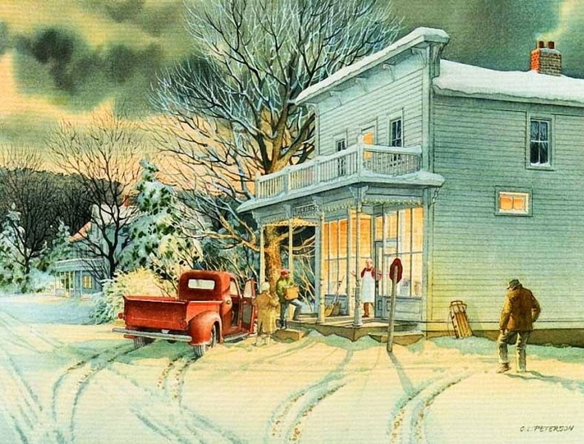 Toko Desa, musim dingin, lukisan, mobil, salju, rumah, orang Wallpaper HD
