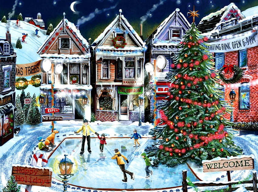 Family Skating Night 1, winter, December, art, beautiful, illustration, artwork, scenery, occasion, wide screen, holiday, painting, Christmas, snow HD wallpaper