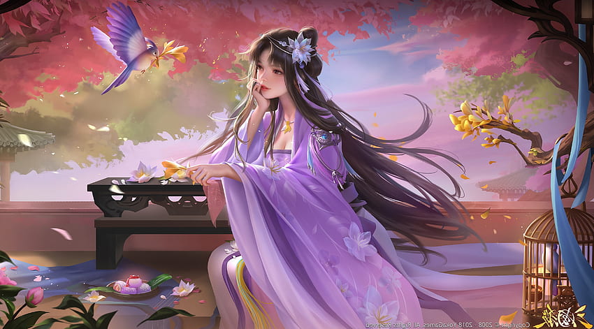 Bird Whisperer, art, fantasy, , girl, oriental, woman, birds, beautiful, purple, digital HD wallpaper