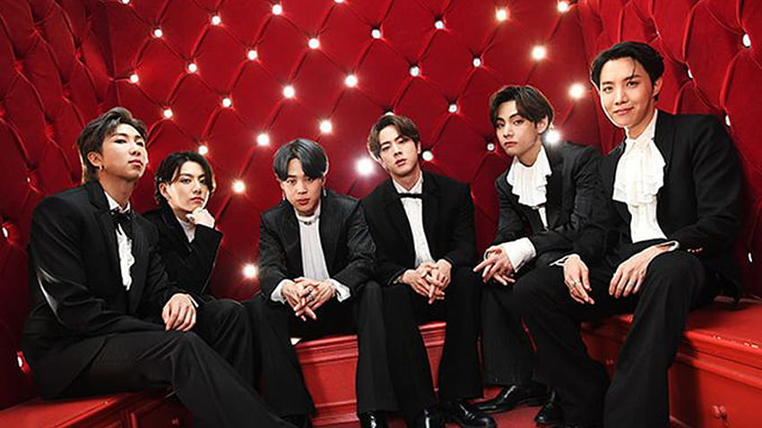 V Jungkook Suga Jin RM J-Hope Park Ji-Min Are Wearing White Black Coat Suit Sitting In Red Background BTS HD wallpaper