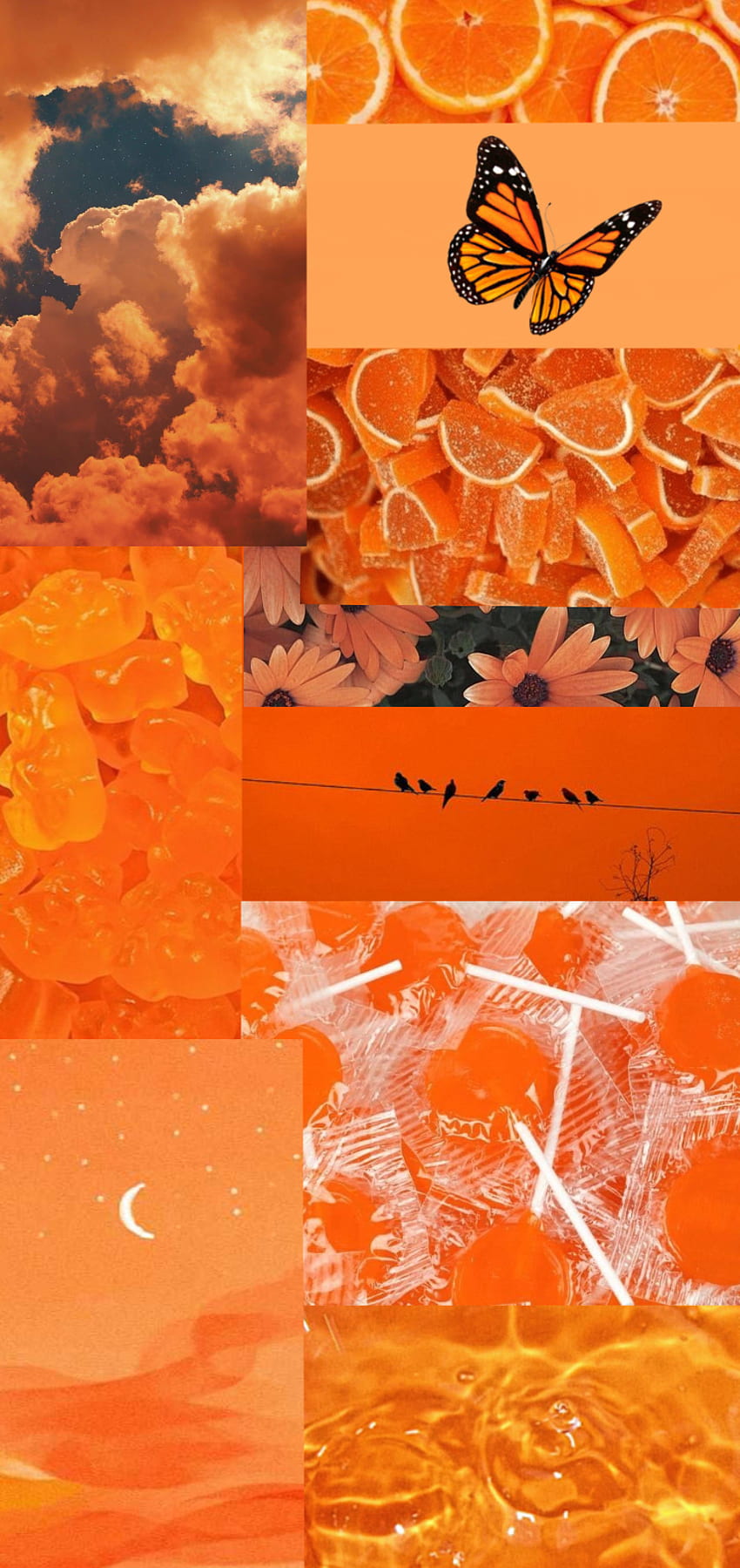 Aesthetic Orange, sky, moon, candy, butterfly, night, clouds, birds, water HD phone wallpaper