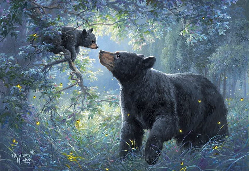 Moonlight Kisses, artwork, pup, bear, painting, trees, forest HD ...