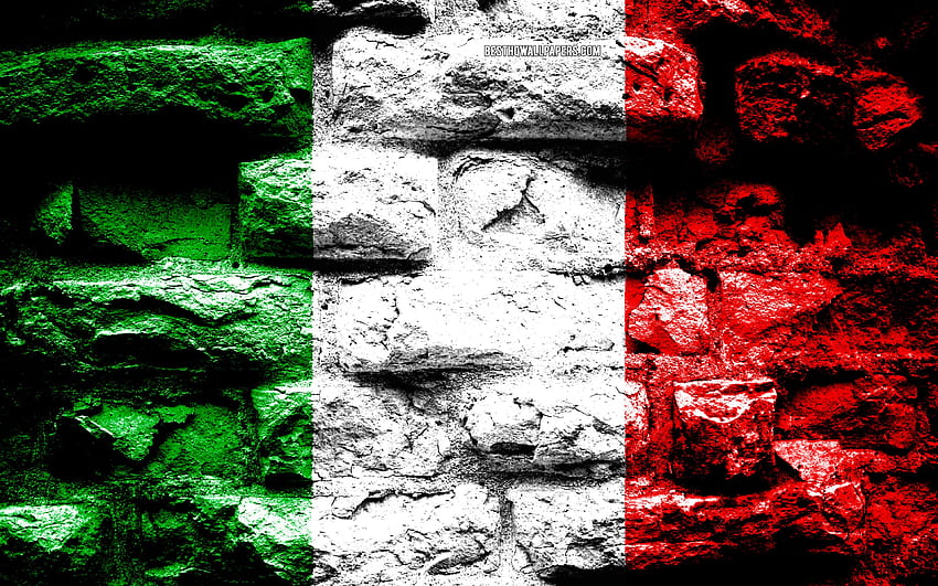 이탈리아 국기, 그루지 벽돌 질감, 이탈리아 국기, 벽돌 벽에 깃발, 이탈리아, 유럽, 유럽 국가의 국기, 해상도가 있는 이탈리아 국기. 고품질, 멋진 이탈리아 국기 HD 월페이퍼
