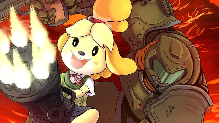 Doomguy und Isabelle tun sich in einer entzückenden Crossover-Kunst zusammen [Korrektur], Awesome Doom Slayer HD-Hintergrundbild