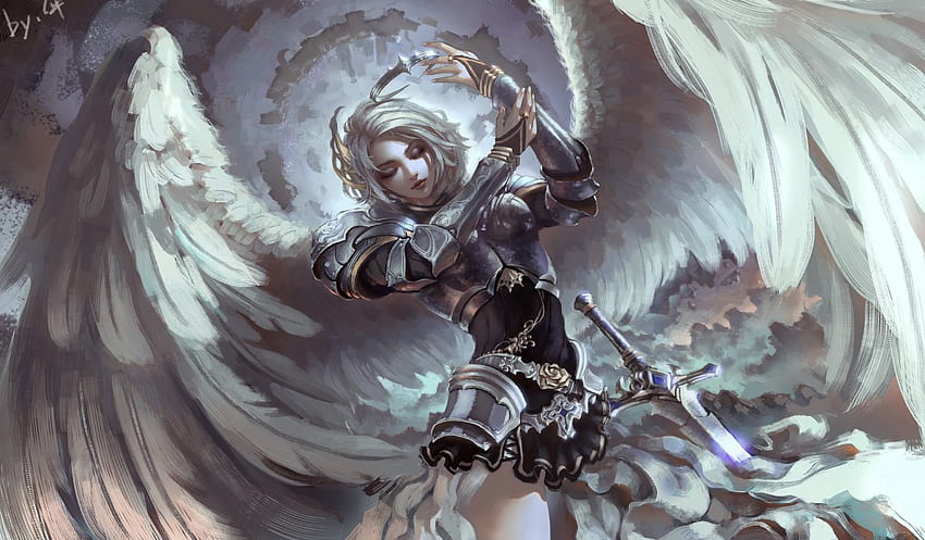Knight Angel, feathers, cute, knight, angel, long hair, lady, abstract, fantasy woman, female, wings, sweet, white, sword, armor, woman, fantasy, pretty, white hair, weapon, silver, clouds, sky, lovely HD wallpaper