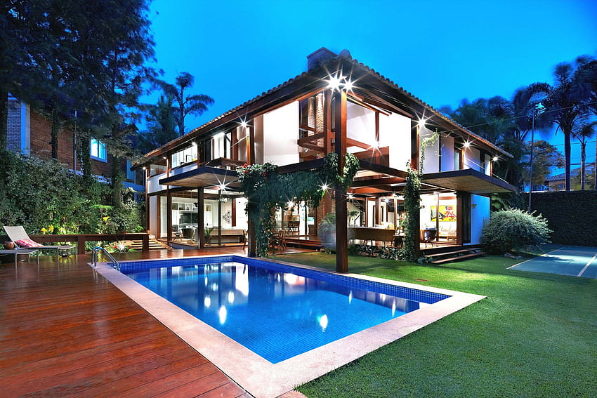 Modern House With Swimming Pool ., Tropical House HD wallpaper
