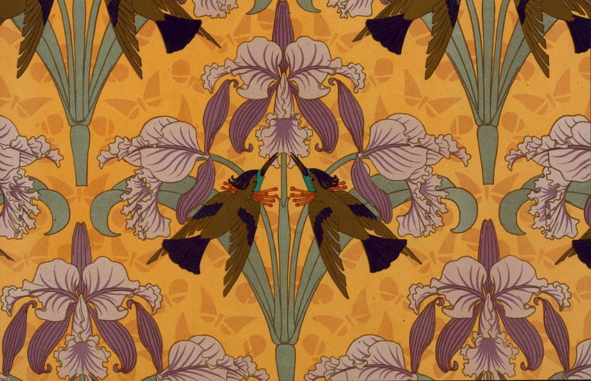humming bird art nouveau illustration purple iris HD wallpaper