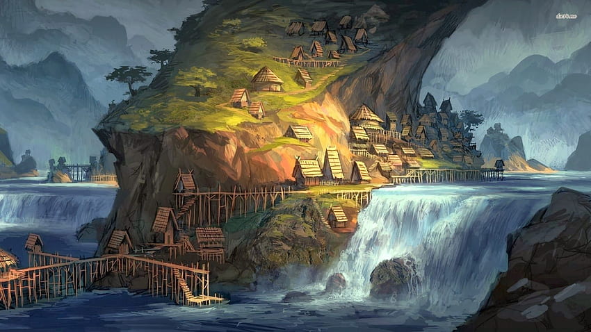 : Village Next to the Waterfall Fantasy 3D Animation HD wallpaper