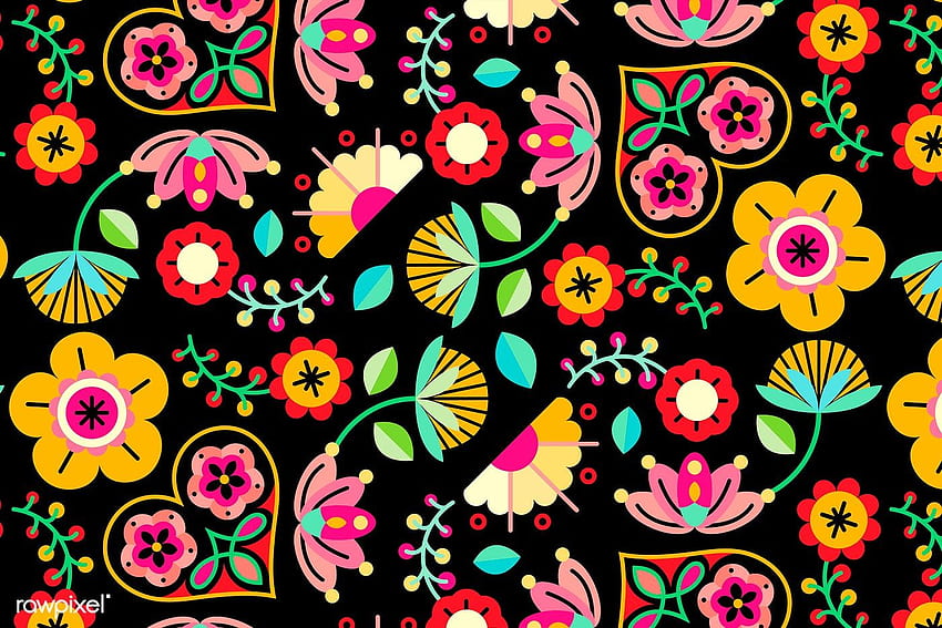 premium vector of Flowers folk art patterned on black background. Pattern art, Folk art, Art, Mexican Flower Pattern HD wallpaper