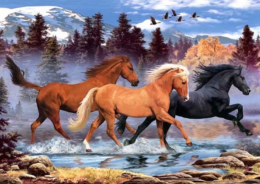 ハワード・ロビンソン、動物、川、馬、絵画、芸術、ハワード・ロビンソン 高画質の壁紙