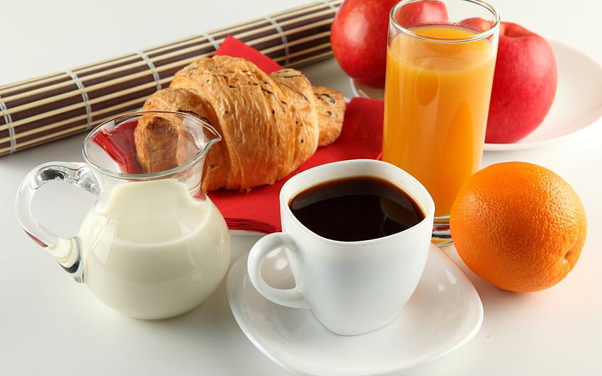 Desayuno fresco, jugo, azúcar, agradable, croissant, manzanas, café, leche, dulce, delicioso, frutas, taza, fresco, comida, naranja, desayuno, rojo, manzana, bebida fondo de pantalla