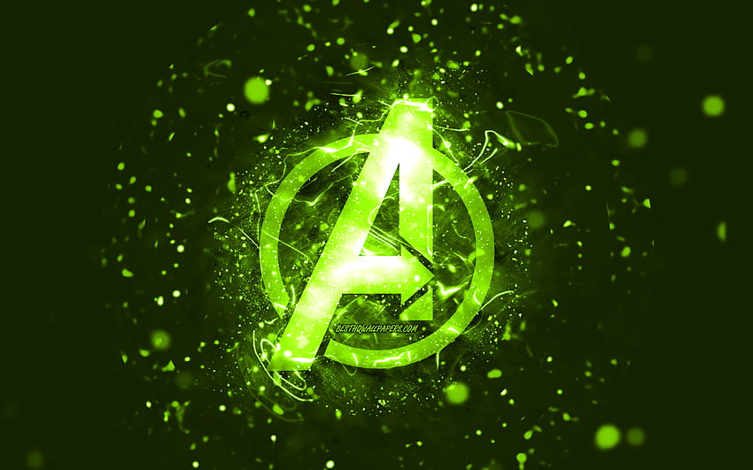 Logo Avengers lime, luci al neon lime, creativo, astratto lime, logo Avengers, supereroi, Avengers Sfondo HD