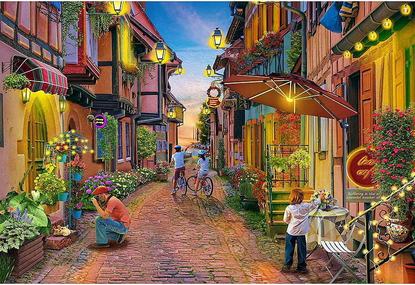 Ville romantique, œuvres d'art, restaurant, tables, lampes, rue, fleurs, maisons, gens, peinture Fond d'écran HD