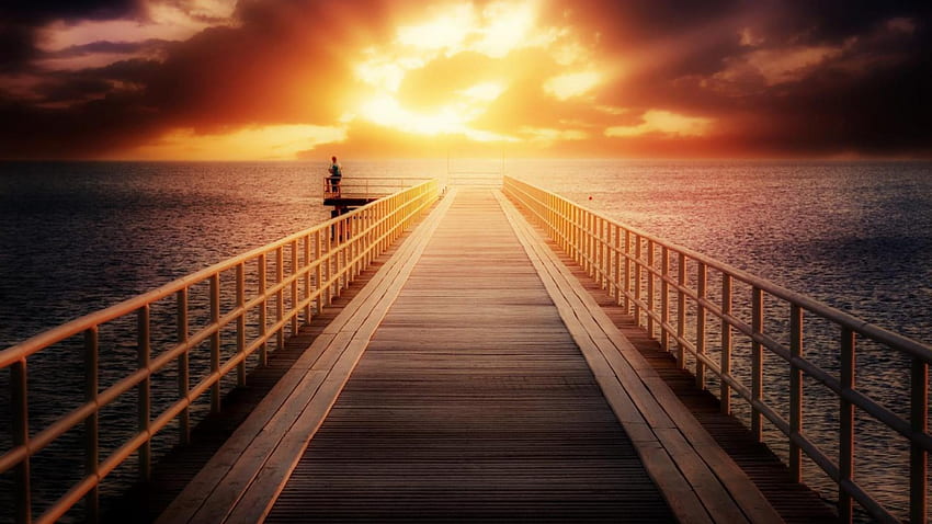 magnificent sunrise on a pier r, sea, man, bright, clouds, pier, r, sunrise HD wallpaper