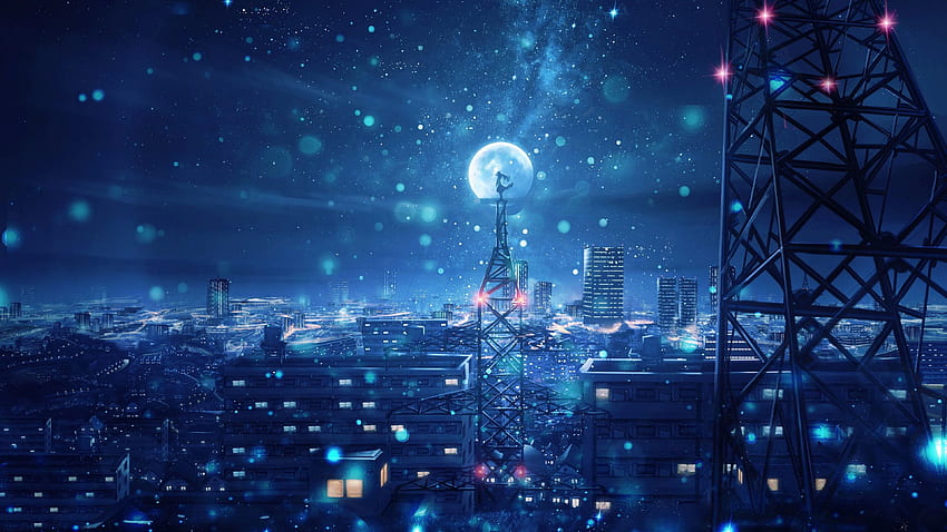Blue Night Big Moon Anime Scenery , Blue Night City HD wallpaper