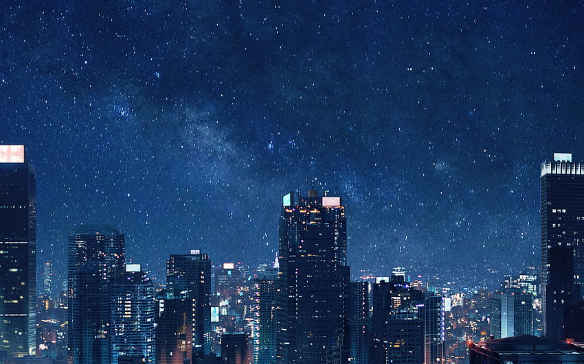 Anime City Lighting By Starry Sky Wallpaper On Desktop 919x Background 3d  Dark Blue City With Light Reflection Background For Technology Concept 3d  Illustration Rendering Hd Photography Photo Background Image And Wallpaper