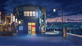anime city street scene with a river and buildings at night. generative ai.  28436287 Stock Photo at Vecteezy