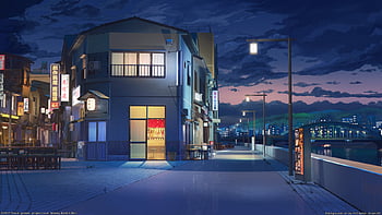 Anime street, road, buildings, scenery, night, stars, Anime, HD wallpaper