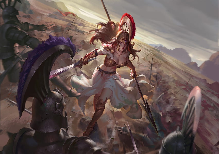 Athena, luminos, chen gang, diosa, guerra, arte, niña, armadura, fantasía, batalla, guerrero fondo de pantalla