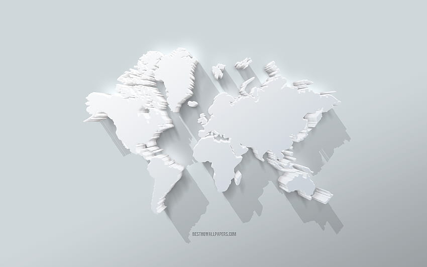 Carte du monde, fond gris, carte du monde 3d blanche, art 3d créatif, concepts de carte du monde, carte du monde 3d Fond d'écran HD