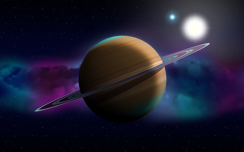 Saturn, sztuka 3D, mgławica, galaktyka, gwiazdy, science fiction, wszechświat, planety, abstrakcyjny Saturn, kreskówka planeta z rozdzielczością. Wysoka jakość Tapeta HD