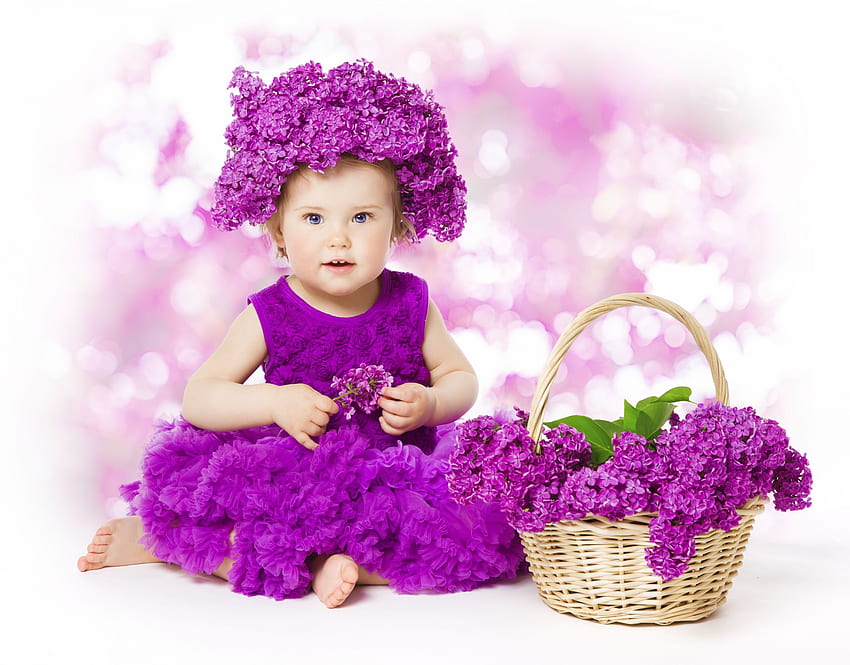 lavender lilacs in a basket girl in a lavender dress , Purple Dress HD wallpaper
