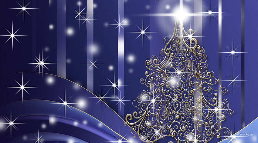 Arbre d'or, bleu, feliz navidad, lueur, noël, étincelle, étoiles, arbre Fond d'écran HD