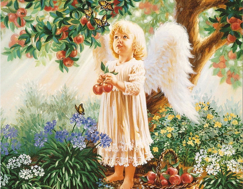 Innocence, blue, cute, angel, basket, feather, butterfly, fruit, wings, white, tree, retro, green, yellow, red, apple, flowers, card, child HD wallpaper