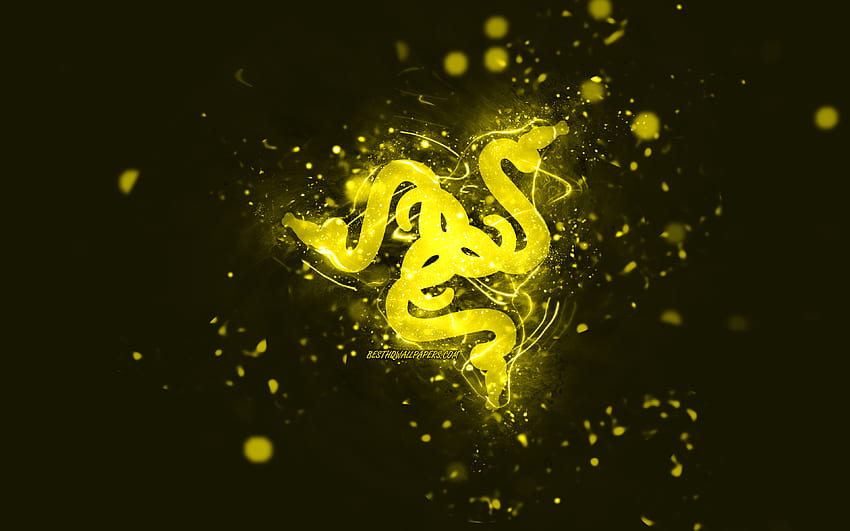 Razer の黄色のロゴ、黄色のネオン ライト、クリエイティブ、黄色の抽象的な背景、Razer のロゴ、ブランド、Razer 高画質の壁紙