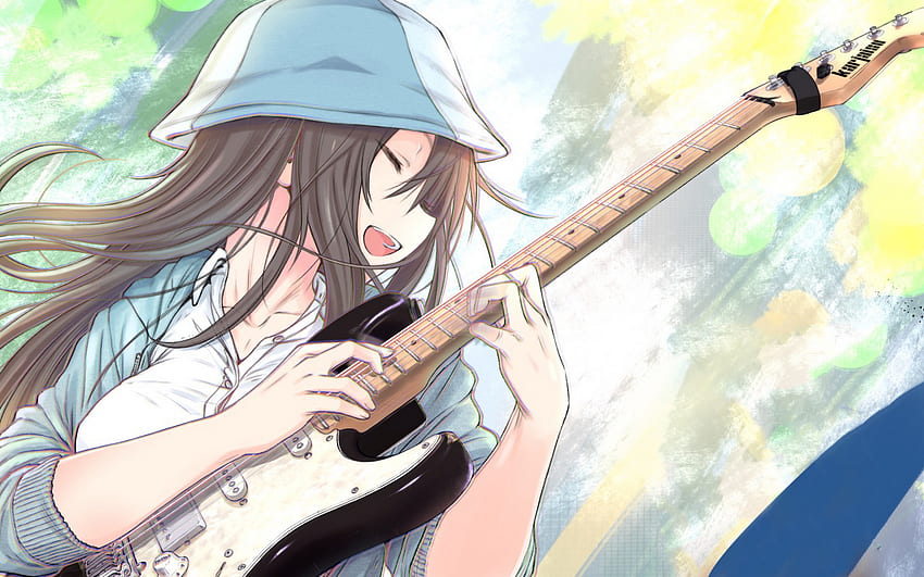 Gadis Anime, Bermain Gitar, Wajah Bahagia, Bermain Musik Wallpaper HD