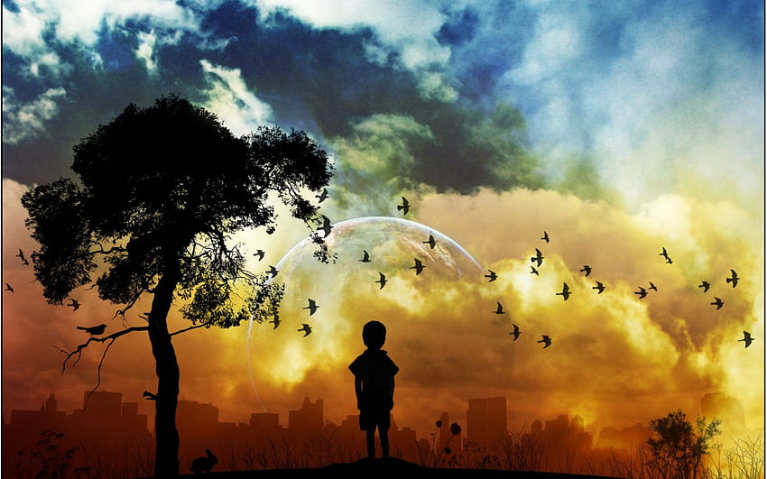 3D Little Lonely Boy With Joyful Sky And Birds - 3D and Abstract . All is Wall, Lonely Abstract HD wallpaper