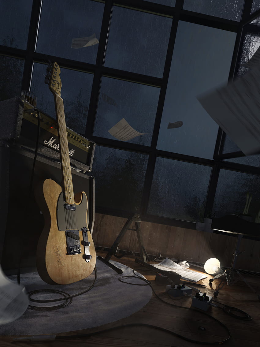 Muzyka, gitara, instrument muzyczny, okno, papier, gitara elektryczna, wzmacniacz Tapeta na telefon HD