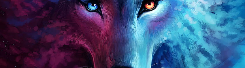 オオカミ, ファンタジー, アート, - ピンクと青のオオカミ - - teahub.io, 3840x1080 ファンタジー 高画質の壁紙