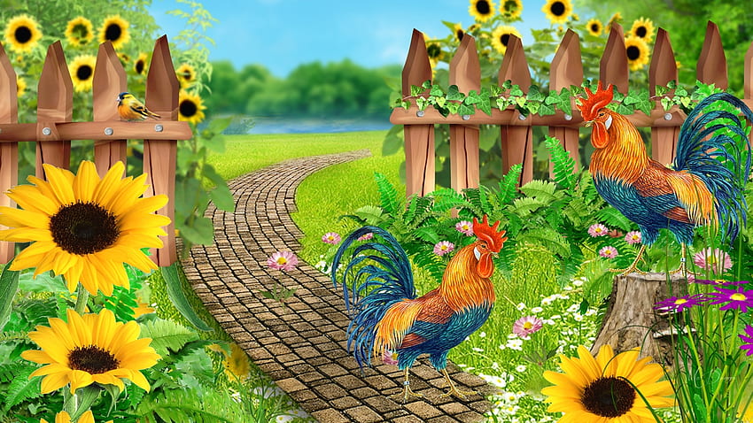 Roosters in the Gardaen, fall, garden, Firefox Persona theme, summer, sunflowers, field, roosters, fence, chickens, autumn HD wallpaper