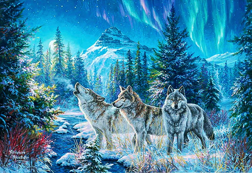 Moonrise Song, artwork, winter, painting, wolves, northern lights, snow, trees, wolfpack HD wallpaper