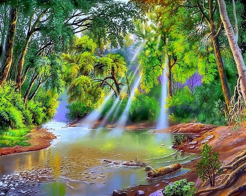 'Sunbeam to the River', sunlight, colors, reflections, sunbeam, scenery, rural, bright, trees, stunning, attractions in dreams, paintings, beautiful, seasons, creative pre-made, summer, love four seasons, urban, nature, rivers HD wallpaper