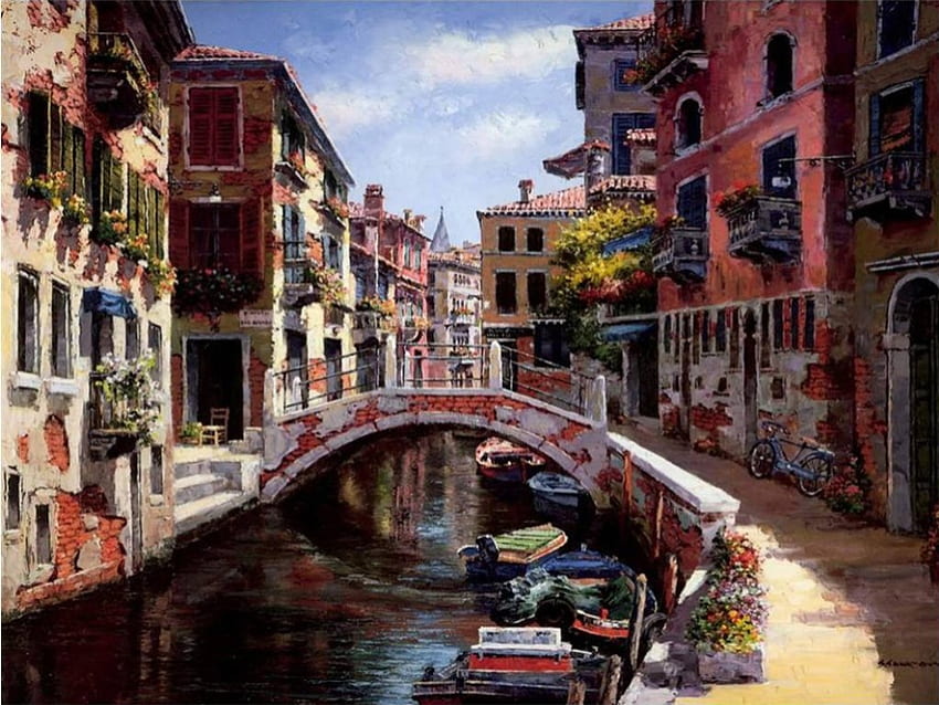 ヴェネツィアの通り、アートワーク、運河、絵画、ボート、橋、家 高画質の壁紙