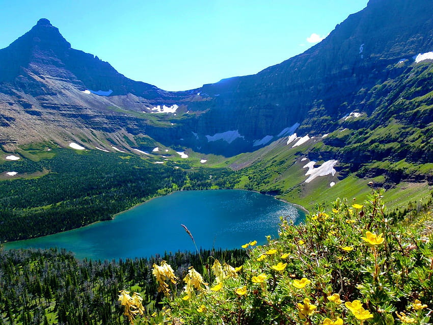 Lago de montanha, azul, cristal, picos, declive, bonito, bom, montanha, lago, verão, costa, bonito, vista, natureza, flores, claro, adorável papel de parede HD
