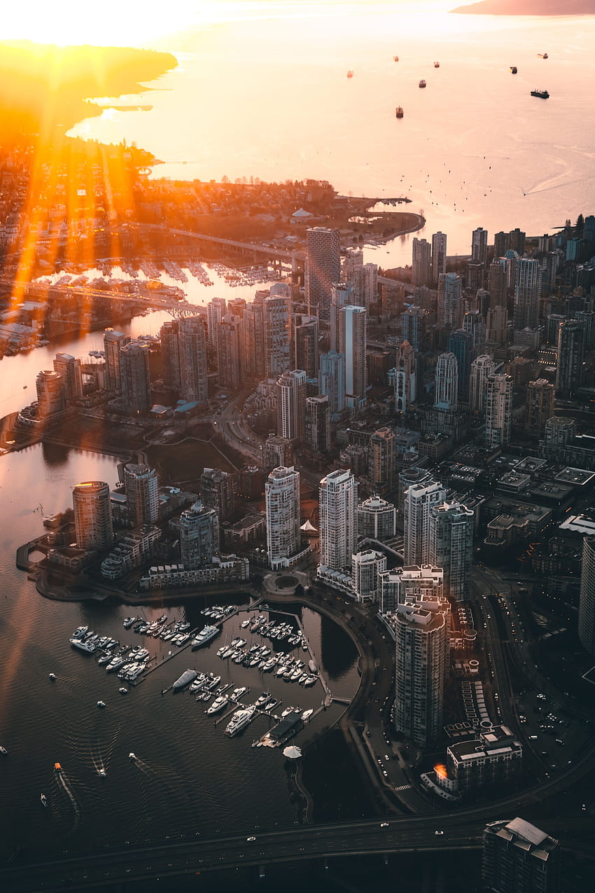 Città, Architettura, Città, Vista dall'alto, Canada, Travi, Raggi, Luce del sole, Vancouver Sfondo del telefono HD