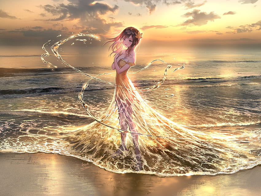พระอาทิตย์ตก การ์ตูน น้ำ แต่งตัว ชายหาด ทอง ทะเล ฟูมิโดริ หญิงสาว พระอาทิตย์ขึ้น ฤดูร้อน อะนิเมะ วารา วอลล์เปเปอร์ HD