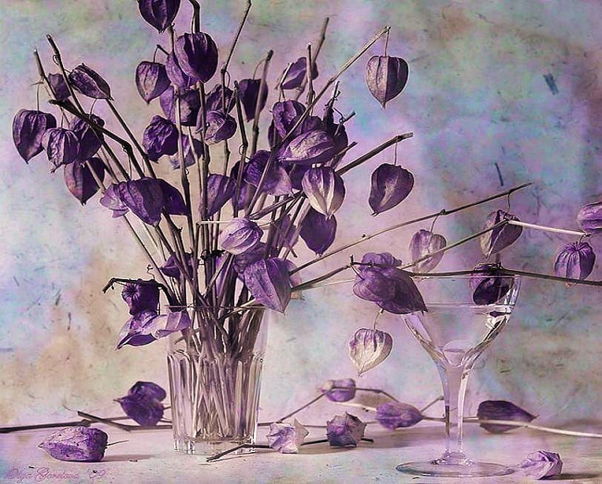 Simplemente malva, púrpura, mesa, plantas, copa de vino, florero, malva fondo de pantalla