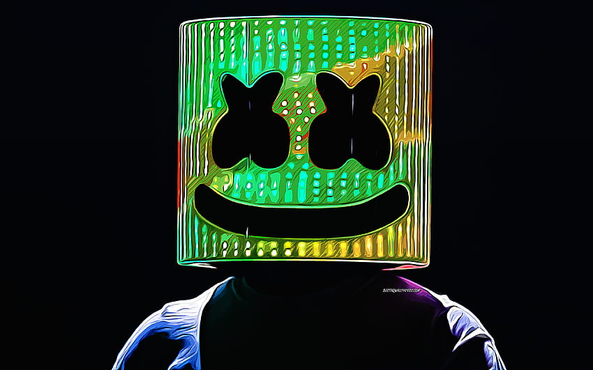 Marshmello, maschera al neon verde, arte vettoriale, disegno Marshmello, arte creativa, arte Marshmello, disegno vettoriale, American DJ, Marshmello DJ Sfondo HD