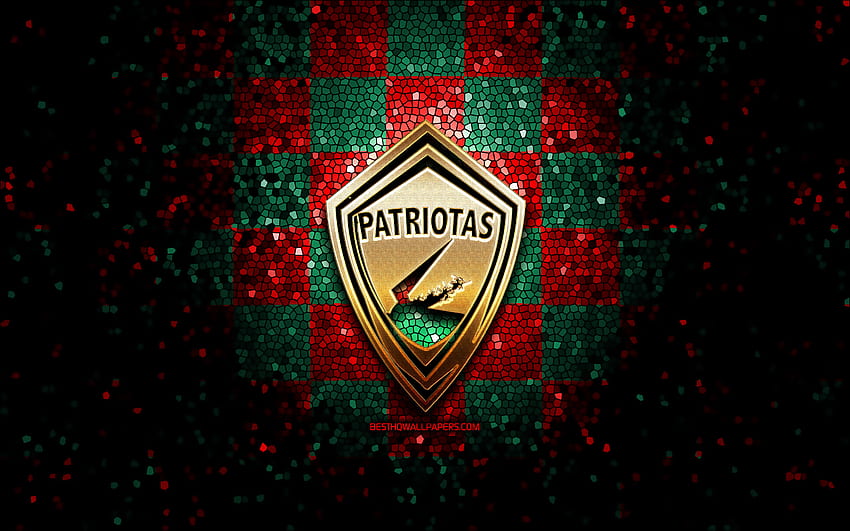 Patriotas FC, glitter logo, Categoria Primera A, red green checkered background, soccer, colombian football club, Patriotas logo, mosaic art, football, Patriotas Boyaca, Colombian football league HD wallpaper