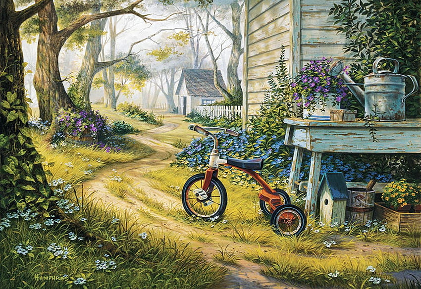 Easy Rider, sunshine, painting, tricycle, house, trees, working bench HD wallpaper